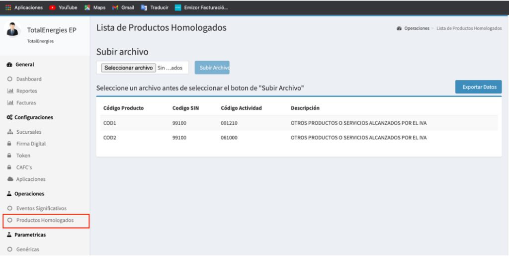 Seleccionar Productos Homologados